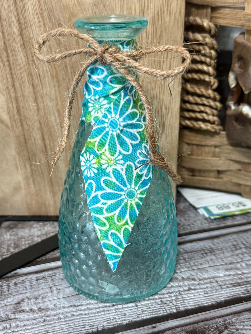 Decorative Aqua Glass Vase with Floral Accent and Jute Bow